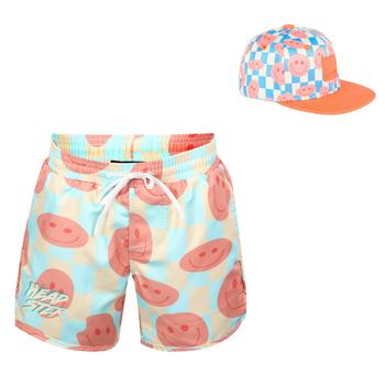 商品All over pink smiley face blue light orange checked swim shorts and cap set图片