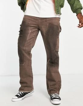 推荐Jaded London straight leg denim carpenter jeans in washed brown with hem insert商品