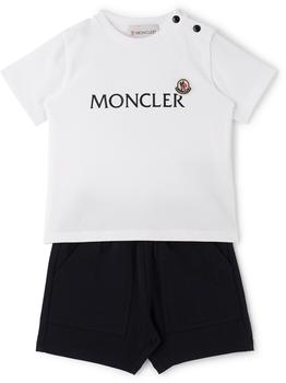 Moncler | Baby White & Navy Logo T-Shirt & Shorts Set商品图片,