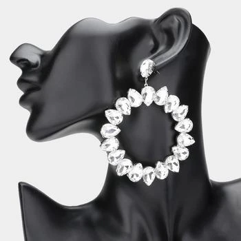 FASHNZFAB | Teardrop Glass Crystal Open Circle Evening Earrings - Clear, Rhodium,商家Premium Outlets,价格¥182