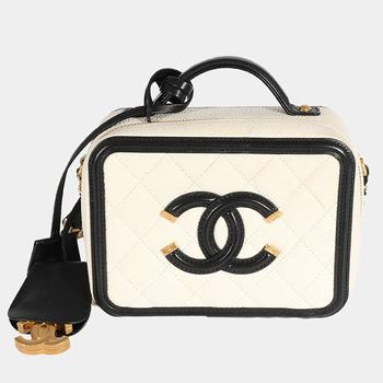 [二手商品] Chanel | Chanel White Quilted Caviar Leather Small Filigree Vanity Case Shoulder Bag商品图片,9.3折