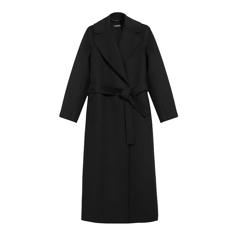 Max Mara | MaxMara/麦丝玛拉 'S女士黑色羊毛配腰带长款浴袍大衣,商家VPF,价格¥3117