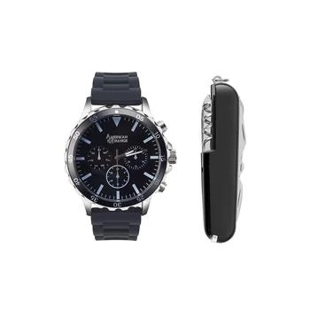 Men's Quartz Movement Black Silicone Analog Watch, 50mm and Multi-Purpose Tool with Zippered Travel Pouch