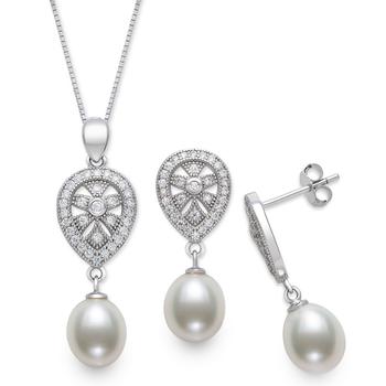 Belle de Mer | 2-Pc. Set Cultured Freshwater Pearl (8mm) & Cubic Zirconia Teardrop Pendant Necklace & Matching Drop Earrings in Sterling Silver商品图片,2.5折