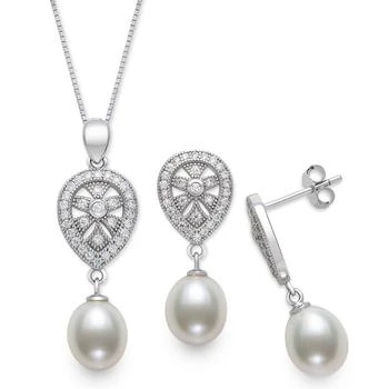 Belle de Mer | 2-Pc. Set Cultured Freshwater Pearl (8mm) & Cubic Zirconia Teardrop Pendant Necklace & Matching Drop Earrings in Sterling Silver 独家减免邮费