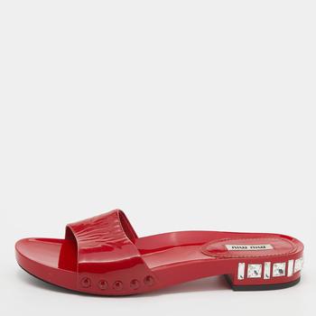 推荐Miu Miu Red Patent Leather Crystal Embellished Heel Slide Sandals Size 37.5商品