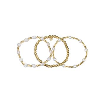 Unwritten | 14K Gold Flash Plated Brass Fresh Water Imitation Pearl Oval Beaded Stretch Bracelet Trio Set, 3 Piece商品图片,6折×额外8.5折, 额外八五折