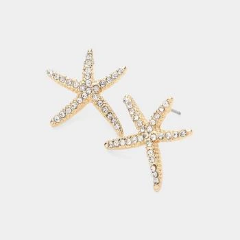 FASHNZFAB | Crystal Paved Starfish Stud Earrings - Clear, Gold,商家Premium Outlets,价格¥152