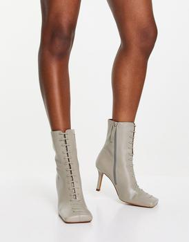 推荐ASOS DESIGN Radiant premium leather square toe heeled boots in sage green商品