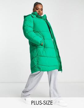 推荐Pieces Curve longline padded coat with hood in bright green商品