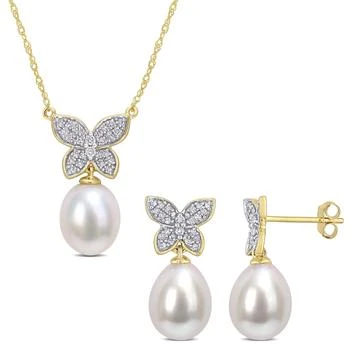 Mimi & Max | Mimi & Max 1/4ct TDW Diamond with 8.5-10mm White Cultured Freshwater Pearl Drop Butterfly Earrings and Pendant Set in 10k Yellow Gold,商家Premium Outlets,价格¥2922