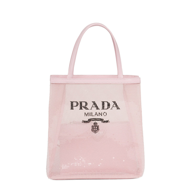Prada | 【预售3-7天】PRADA/普拉达 21年秋冬 女士小号雪粉色织物材质皮革提手亮片装饰网眼手提托特包1BG417_2D0A_F0E18_V_OOO商品图片,8折, 包邮包税