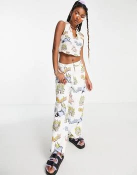 COLLUSION | COLLUSION Unisex cartoon print 90s straight leg trousers co-ord in white 3.6折