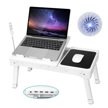 Fresh Fab Finds | Foldable Laptop Table Bed Desk With Cooling Fan Mouse Board LED 4 USB Ports Snacking Tray with Storage for Home Office White,商家Verishop,价格¥562