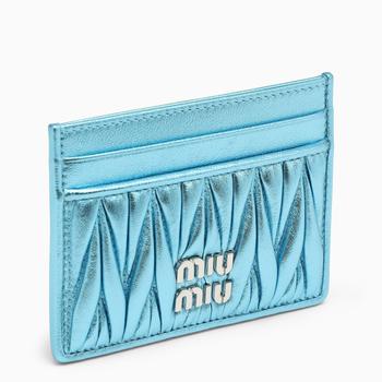 Miu Miu | Metallic light blue matelassé leather cardholder商品图片,