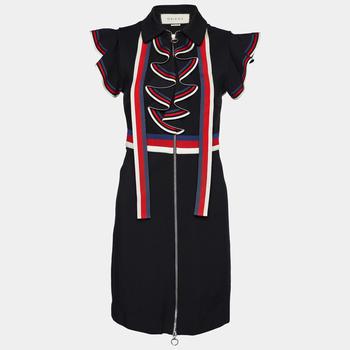 推荐Gucci Black Jersey Web Stripe Ruffle Detail Mini Dress S商品