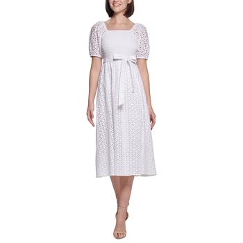 Kensie | Eyelet Smocked Puff-Sleeve Belted Midi Dress商品图片,3.1折