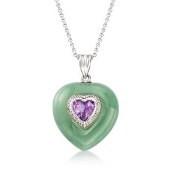 商品Ross-Simons Jade and Amethyst Heart Pendant Necklace in Sterling Silver图片