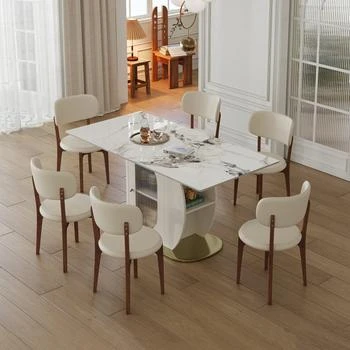 Streamdale Furniture | Streamdale 63" Modern Dining Table Set, Burnt Stone Top, Gold Base, 6 White Chairs,商家Premium Outlets,价格¥11045