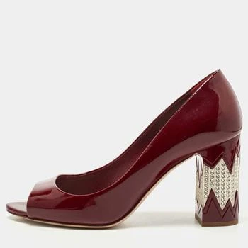 推荐Miu Miu Red Patent Leather Peep Toe Embellished Block Heel Pumps Size 36.5商品