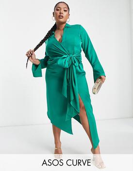 ASOS | ASOS DESIGN Curve drape shirt midi dress in satin商品图片,