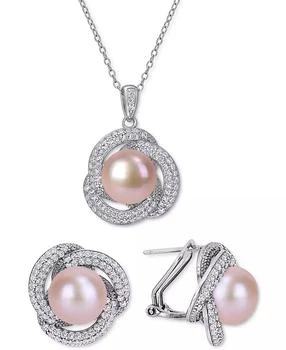 Macy's | 2-Pc. Set Pink Cultured Freshwater Pearl (9-1/2mm - 10-1/2mm) & Cubic Zirconia Love Knot Pendant Necklace & Matching Stud Earrings in Sterling Silver,商家Macy's,价格¥900