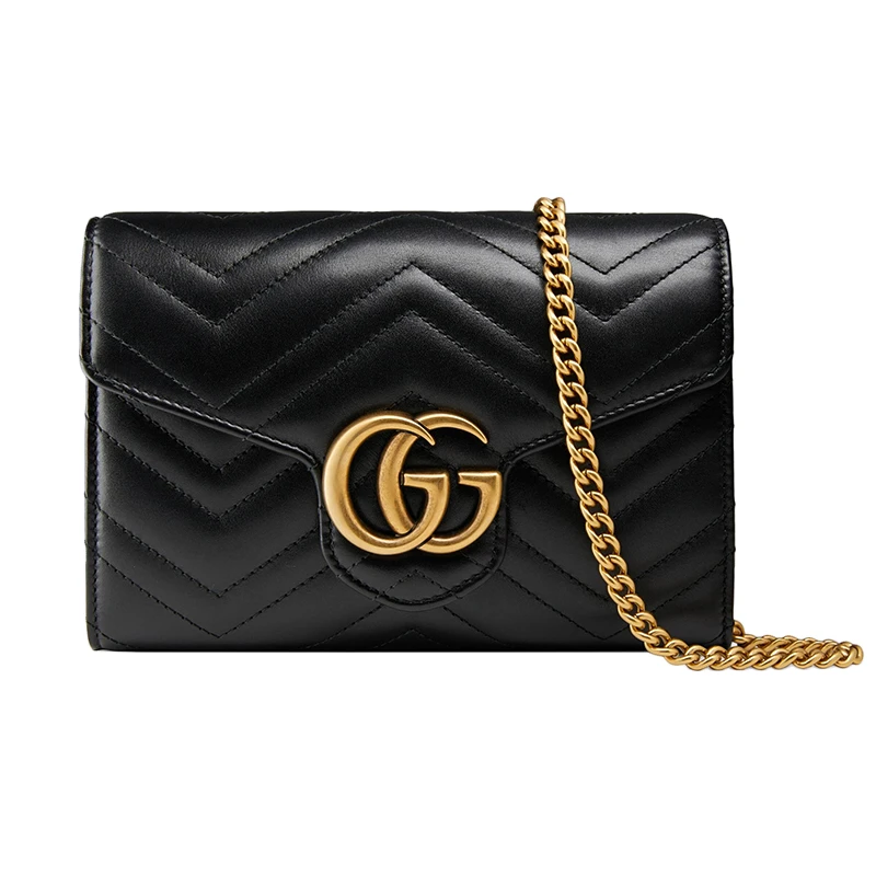 Gucci | GUCCI/古驰 GG Marmont系列 女士黑色缝人字形皮革金色双G斜跨单肩包  7.4折×额外9.8折, 包邮包税, 额外九八折