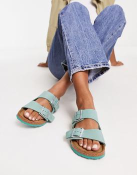 推荐Birkenstock Arizona flat sandals in beryl green nubuck leather商品
