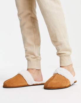 推荐ASOS DESIGN premium sheepskin slippers in tan with cream lining商品