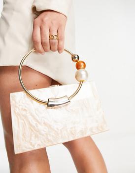 ASOS | ASOS DESIGN resin clutch bag with metal beaded handle in beige marble商品图片,额外9.5折, 额外九五折