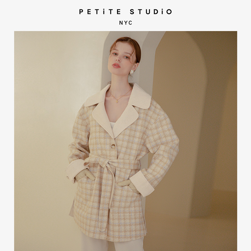 推荐Edie米色格纹法式简约两面穿中长款羊毛外套 | Edie Reversible Wool Coat - Plaid & Ivory商品