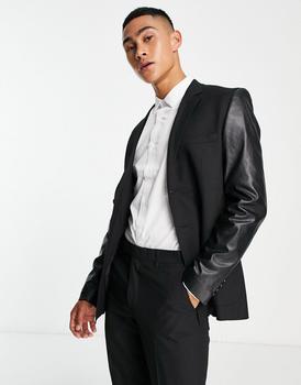 商品BOLONGARO TREVOR | Bolongaro Trevor suit jacket in black with faux leather sleeves,商家ASOS,价格¥616图片