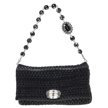 推荐Miu Miu Black Matelassé Leather Crystal Flap Shoulder Bag 商品