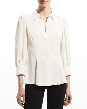 Theory | Puff-Sleeve Silk Blouse with Godets商品图片,2.8折