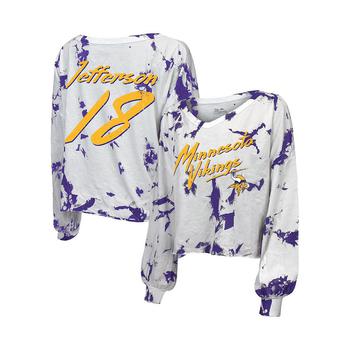 推荐Women's Threads Justin Jefferson White Minnesota Vikings Off-Shoulder Tie-Dye Name and Number Long Sleeve V-Neck Crop-Top T-shirt商品