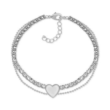 商品Essentials | Crystal & Heart Double Row Ankle Bracelet in Silver-Plate,商家Macy's,价格¥88图片