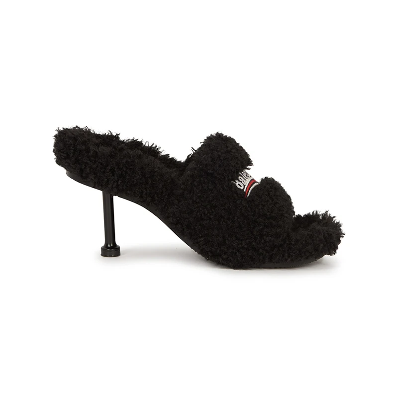 Balenciaga | 巴黎世家 女黑色聚酯细高跟毛茸茸中跟凉鞋6cm 7.4折, 包邮包税