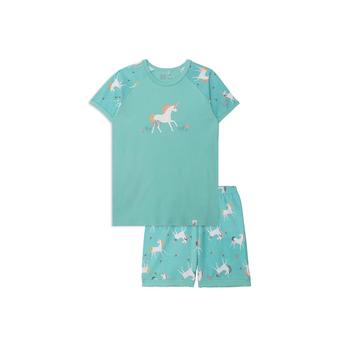 商品Girl Organic Cotton Two Piece Short Pajama Set Turquoise Unicorn Print - Child图片