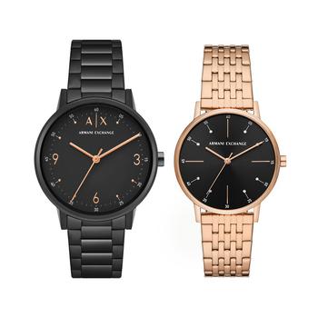 Armani Exchange | Women's Three-Hand Black, Black and Rose Gold-Tone Stainless Steel Bracelet Watch Gift Set, 42mm, 36mm商品图片,额外7.5折, 额外七五折