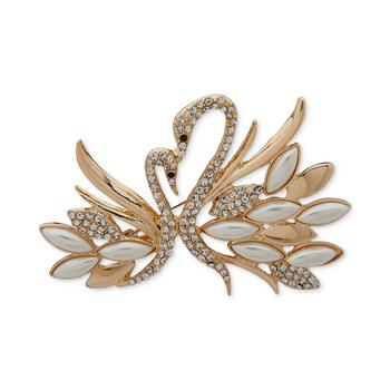 商品Anne Klein | Gold-Tone Imitation Pearl Crystal Swans Pin,商家Macy's,价格¥216图片