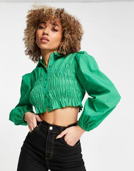 美国Topshop, Topshop | Topshop 70s collar shirred poplin shirt in green商品图片 6折