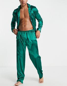 推荐Night satin revere shirt and trousers pyjama set in forest green商品