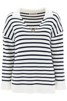 推荐Valentino garavani striped cotton knit sweater with v gold detailing商品