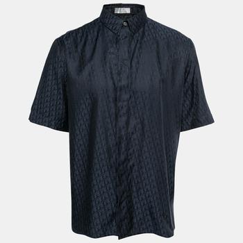 [二手商品] Dior | Dior Navy Blue Logo Jacquard Silk Button Front Short Sleeve Shirt L商品图片,满$1500减$150, 满减