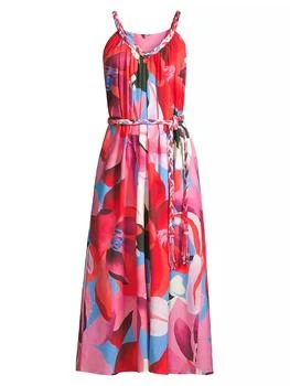 推荐Watercolor Floral Cotton Tie-Waist Midi-Dress商品