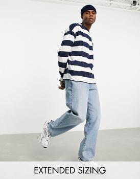ASOS多少钱, ASOS | ASOS DESIGN oversized long sleeve stripe t-shirt in navy and white商品图片 