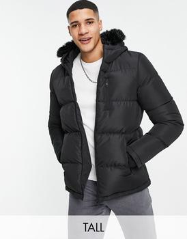 商品Brave Soul Tall padded parka jacket with faux fur hood in black图片