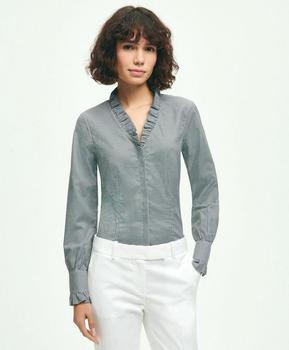Fitted Non-Iron Stretch Supima® Cotton Houndstooth Ruffle Shirt
