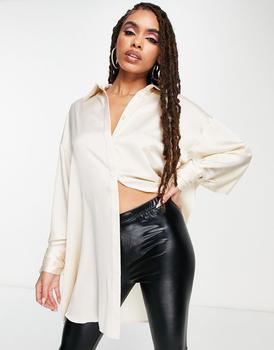 ASOS | ASOS DESIGN oversized satin shirt with tie cuff detail in oyster商品图片,
