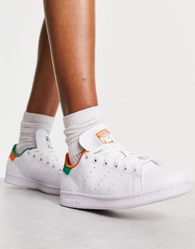 推荐adidas Originals Stan Smith trainers in white with green and orange detail商品